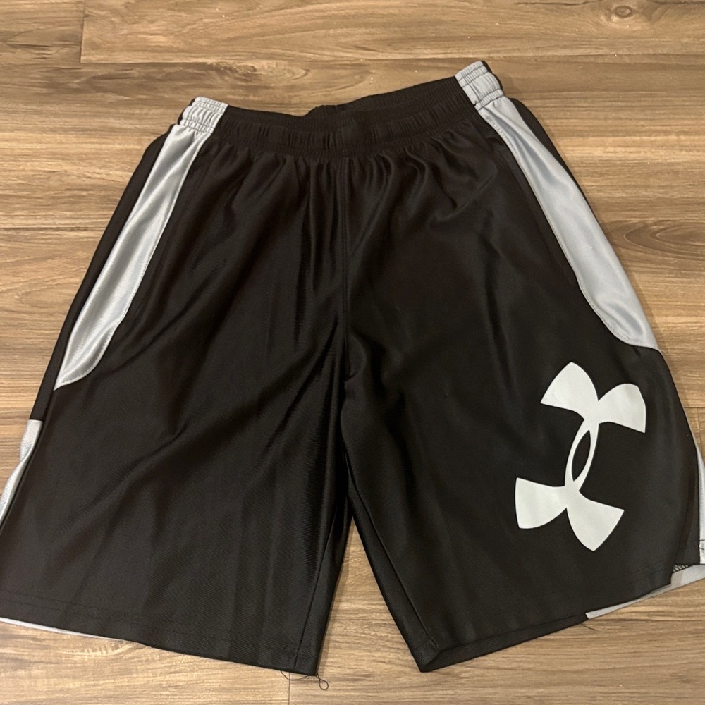 Under Armour Men’s Black Athletic Shorts with White Logo and Gray Panels
